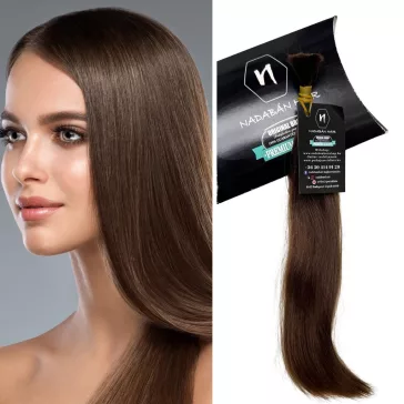N2-12 festetlen magyar póthaj copf (30–32 cm, egyenes szőke) – mellette illusztrációs modellfotó