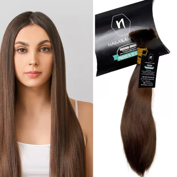 N2-7 festetlen magyar póthaj copf (26–32 cm, egyenes világosbarna–sötétszőke) – mellette illusztrációs modellfotó N2-7 festetlen magyar póthaj copf (26–32 cm, egyenes világosbarna–sötétszőke) – mellette illusztrációs modellfotó