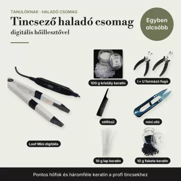 Tincsező és hajfeldolgozó haladó csomag: Loof Mini digitális hőillesztő, 100 g keratin, I és U formázó fogó