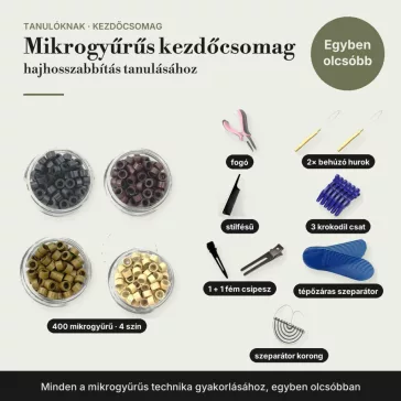 Hajhosszabbítás mikrogyűrűs hajhosszabbítás kezdőcsomag tanulóknak: fogó, behúzó hurok, 400 mikrogyűrű