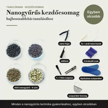 Hajhosszabbítás nanogyűrűs hajhosszabbítás kezdőcsomag tanulóknak: nano fogó, nano hurok, 400 nanogyűrű