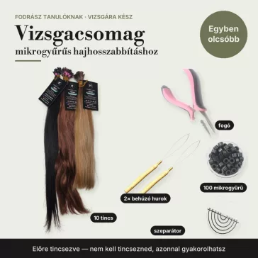 Fodrász vizsgacsomag mikrogyűrűs hajhosszabbításhoz: előre tincsezett póthaj, fogó, behúzó hurok, mikrogyűrű, szeparátor